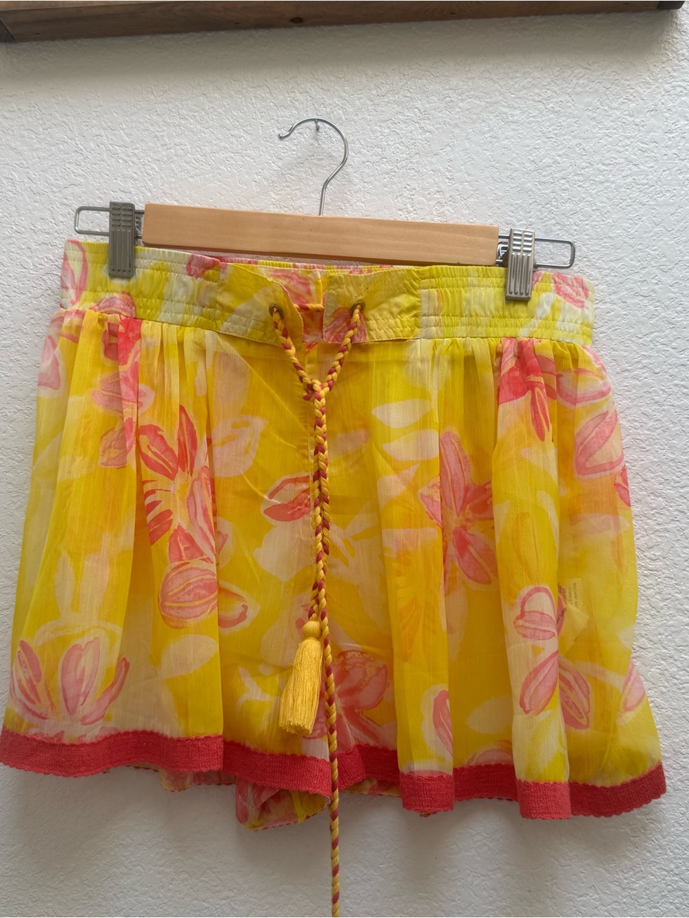 Ramy Brook Yellow Floral Tassel Drawstring Shorts with Pink Trim
